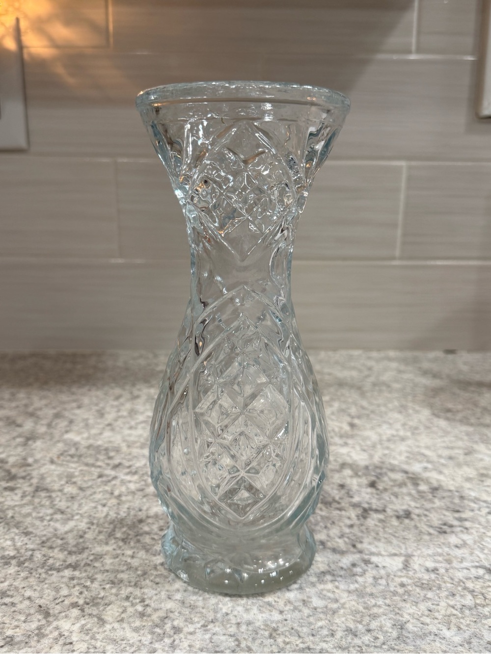 Source Unknown Clear Pressed Glass Vase with Pineapple & Diamond Cut Pattern